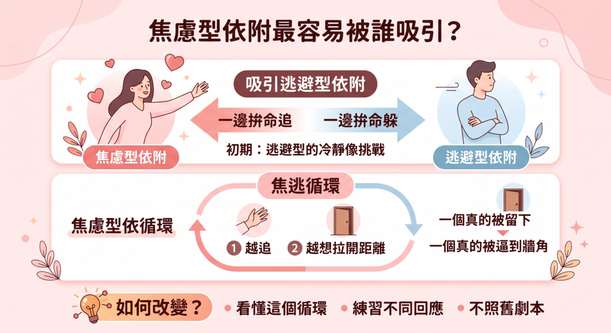 焦慮型依附因為渴望確認感，反而特別容易被逃避型依附吸引——一個拚命追，一個拚命躲，心理學上稱為「焦逃循環」(Anxious-Avoidant Trap)。