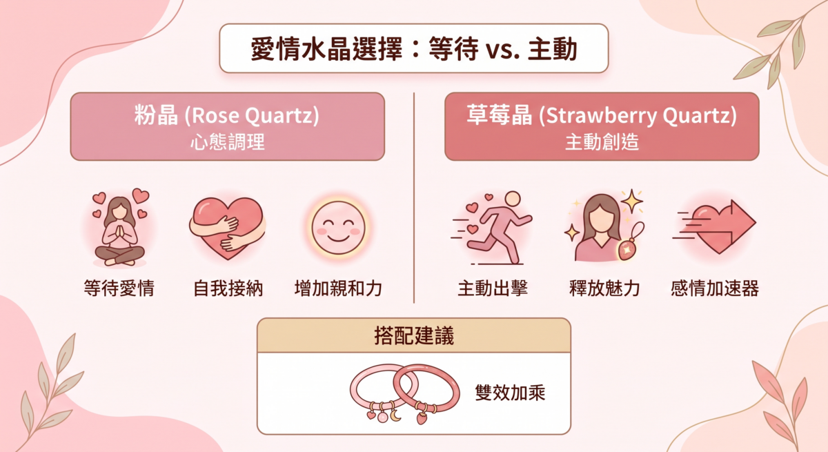 「愛情水晶選擇：等待 vs. 主動」圖解，對比粉晶的等待愛情與心態調理，以及草莓晶的主動出擊與釋放魅力，並建議雙效搭配佩戴。