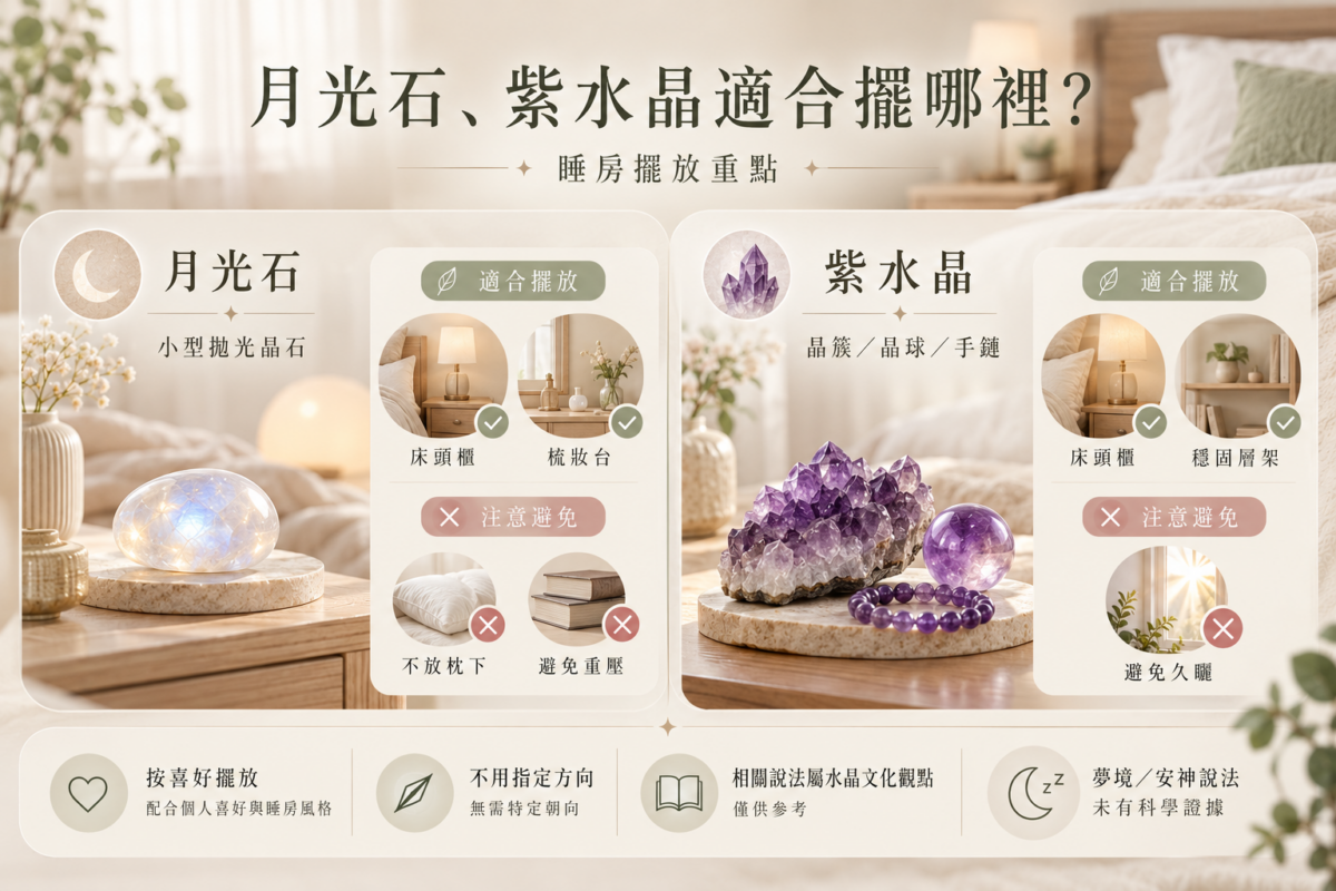 月光石與紫水晶睡房擺放圖解，展示床頭櫃、梳妝台及穩固層架等適合位置，並提醒避免重壓、枕下擺放及長時間日曬。