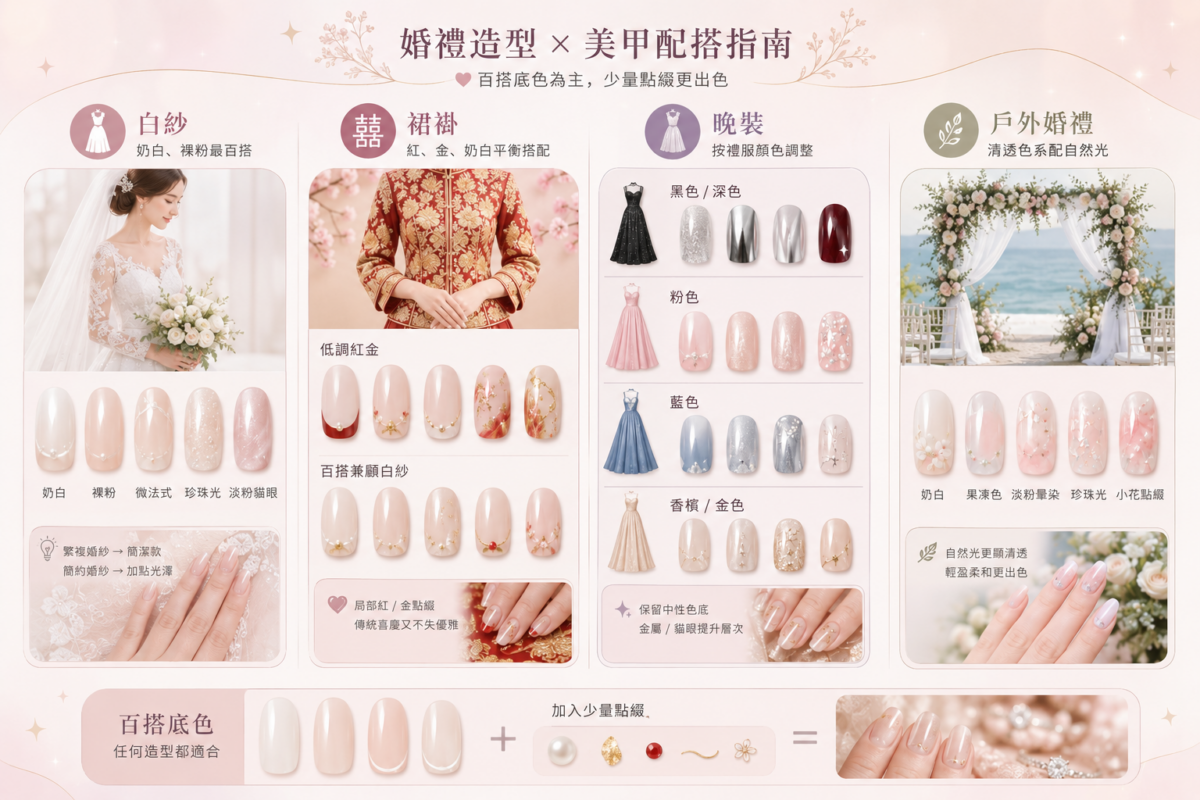 新娘婚禮美甲搭配指南：解析白紗、裙褂、不同顏色晚裝及戶外婚禮的美甲款式與配色建議。