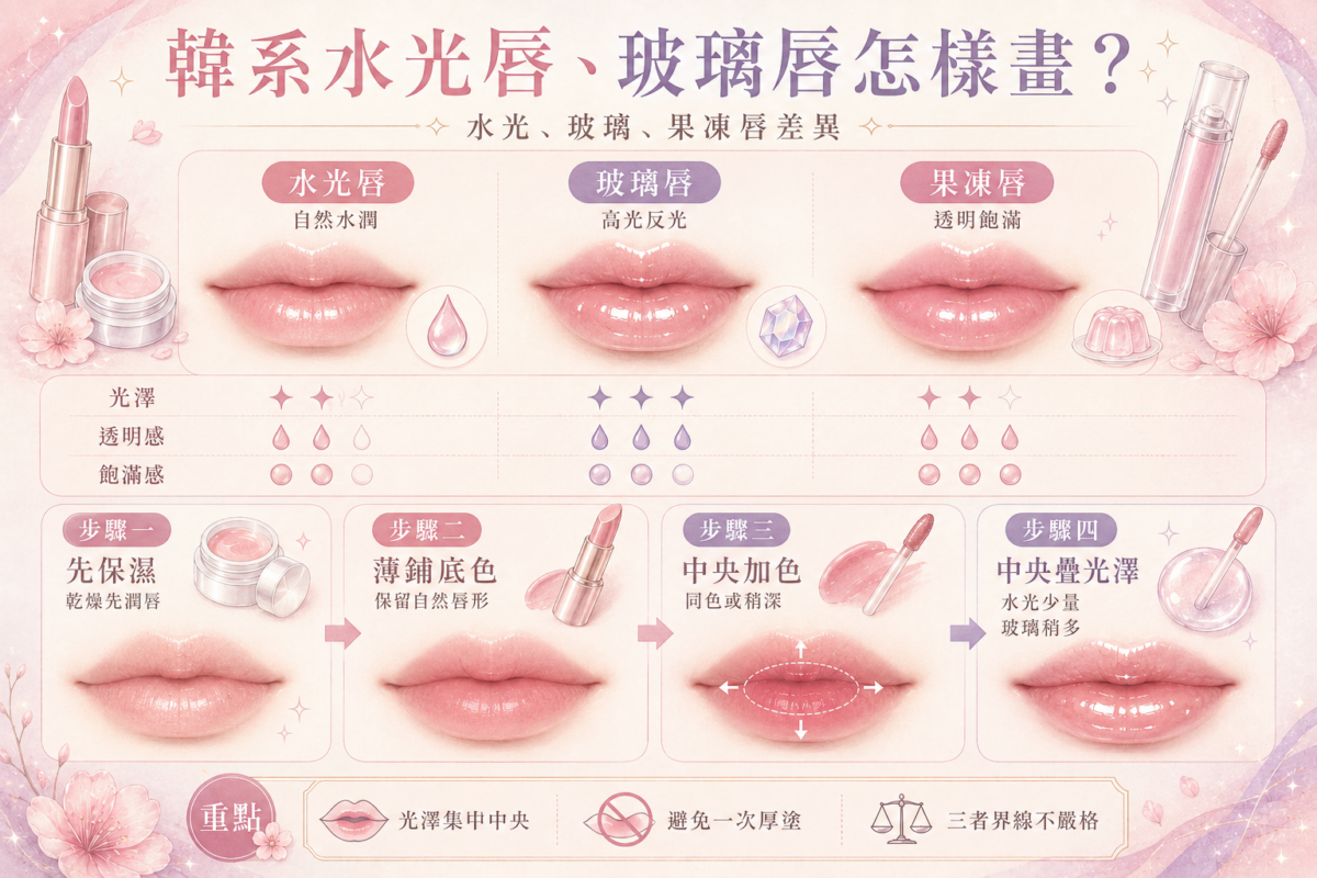 韓系水光唇與玻璃唇4步驟畫法教學圖：包含唇部保濕、薄塗底色、中央加深與光澤疊加的唇妝步驟說明。