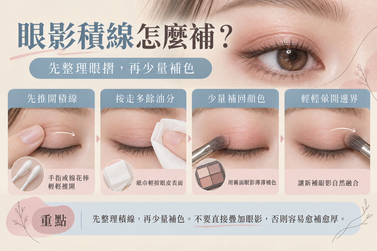 眼影積線補妝4步驟流程圖:推開積線、按壓去油、少量霧面補色與暈染融合急救指南。