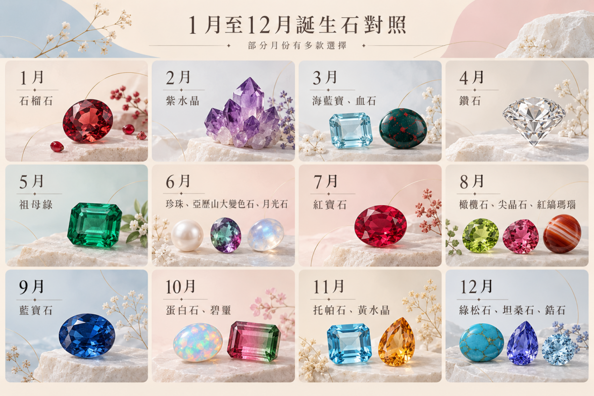 1月至12月誕生石對照圖:月份、代表寶石(石榴石、紫水晶、鑽石、紅寶石等)、寶石顏色與傳統寓意。