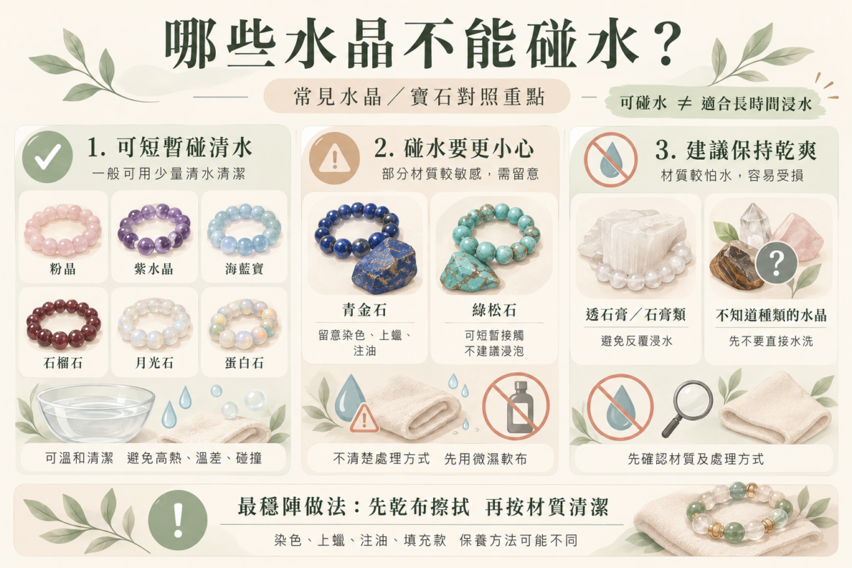常見水晶寶石碰水與保養對照圖：粉晶、紫水晶、海藍寶、青金石、綠松石、透石膏耐水等級與清潔指南。