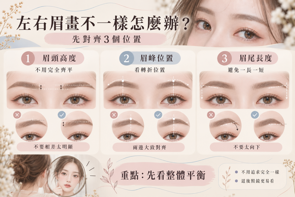 左右眉不對稱急救對照圖:眉頭高度、眉峰位置與眉尾長度3大對齊定位與畫眉心法。