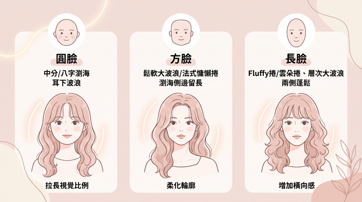 「不同臉型髮型推薦」圖解，說明圓臉適合中分/八字瀏海與耳下波浪以拉長比例，方臉適合鬆軟大波浪與側邊長瀏海以柔化輪廓，長臉則適合 Fluffy 捲與兩側蓬鬆髮型以增加橫向感。