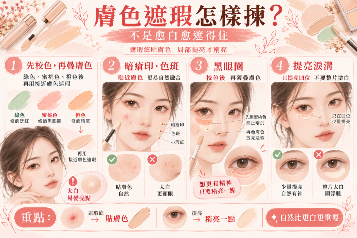 膚色遮瑕選色指南:暗瘡痘印、黑眼圈與淚溝的遮瑕膏色號挑選與局部提亮對照圖。