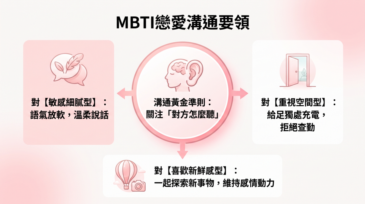 「MBTI戀愛溝通要領」圖解，核心為「關注對方怎麼聽」，並列出對敏感細膩型（溫柔說話）、重視空間型（給予獨處、不查勤）與喜歡新鮮感型（共同探索新事物）的溝通建議。