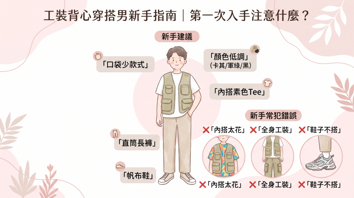 「工裝背心穿搭男新手指南」圖解，建議新手挑選低調色系與口袋少的款式並內搭素色 Tee，同時提醒避免內搭太花或全身過度工裝等常犯錯誤。