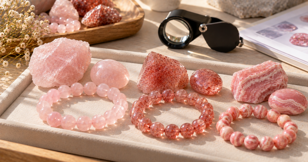 粉晶、草莓晶及紅紋石原石與圓珠手鏈排列在淺色展示盤上，旁邊放有珠寶放大鏡，呈現選購愛情水晶時觀察顏色、天然紋理及內含物的情景。