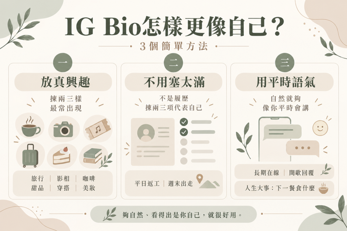 IG Bio 個人風格打造對照圖：精準列出喜好、精簡資訊與真實語氣3大優化法則。