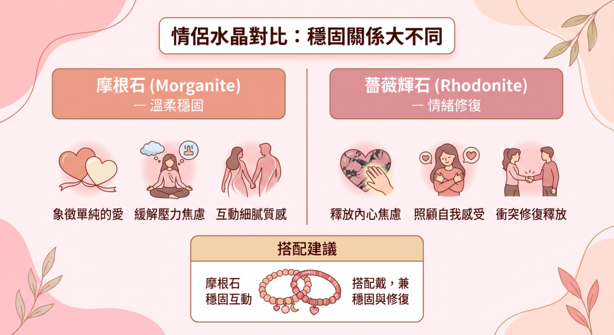 「情侶水晶對比：穩固關係大不同」圖解，對比摩根石的溫柔穩固（象徵單純愛、緩解焦慮）與薔薇輝石的情緒修復（照顧自我、修復衝突），並建議兩者搭配佩戴。