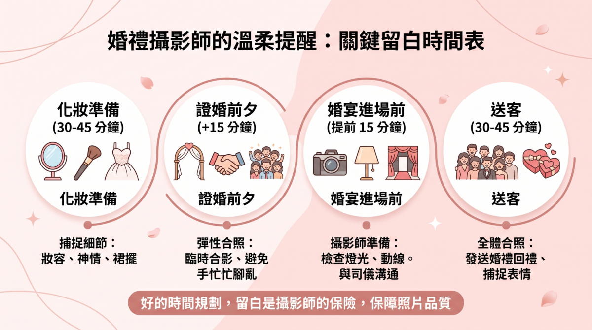 「婚禮攝影師的溫柔提醒：關鍵留白時間表」圖解，整理四個階段的建議留白時間：化妝準備（30-45 分鐘）、證婚前夕（15 分鐘）、婚宴進場前（提前 15 分鐘）與送客（30-45 分鐘），幫助捕捉細節與全體合照以保障婚攝品質。