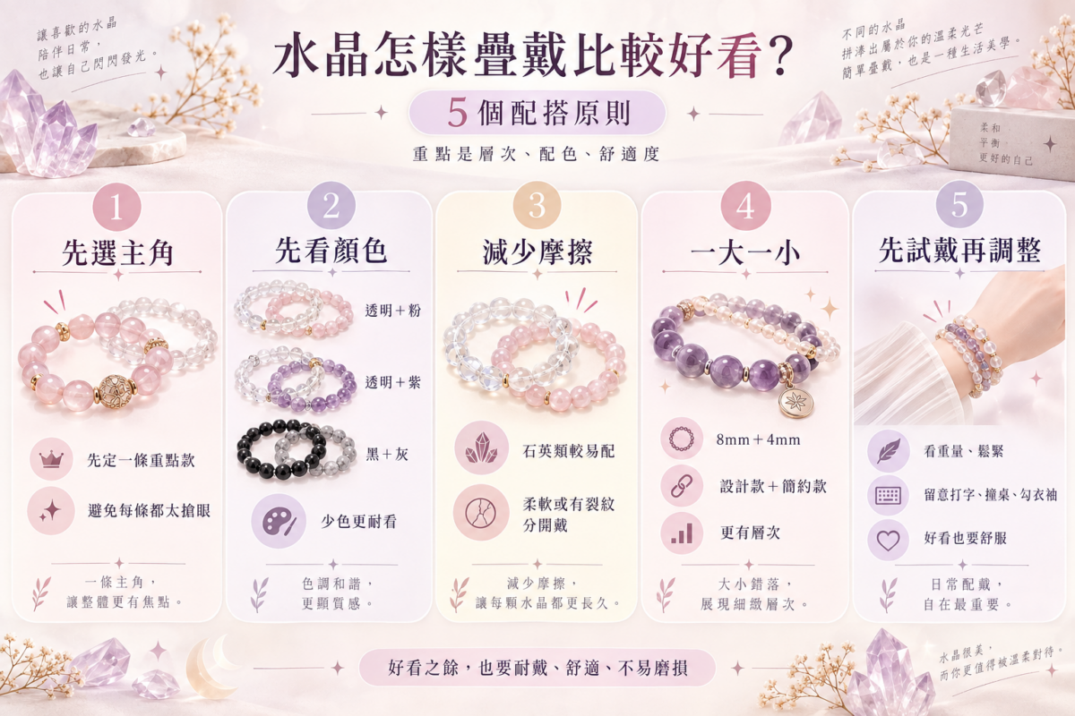 水晶手鏈疊戴技巧圖表:比較 5 大手鏈配搭原則(確定主角、色彩搭配、材質防護、一大一小層次感與日常舒適度調整)。