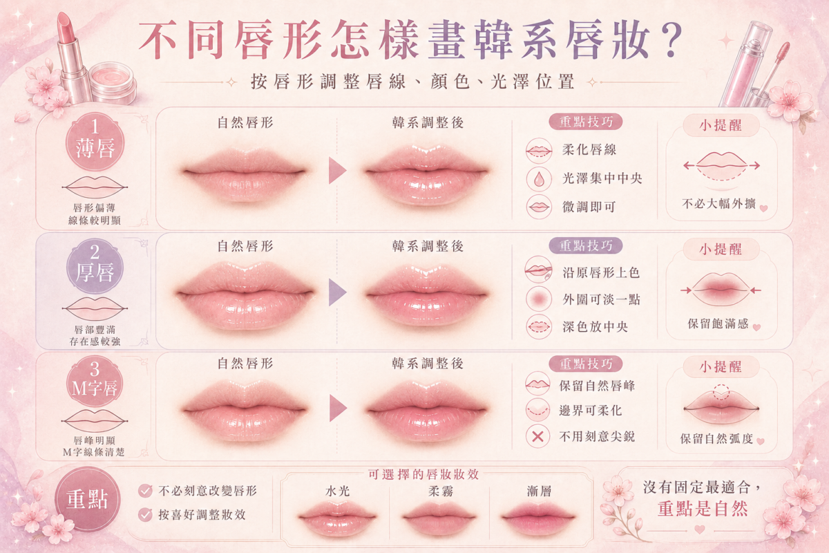 不同唇形韓系唇妝畫法對照圖：包含薄唇、厚唇與M字唇的畫法重點及唇線調整技巧。