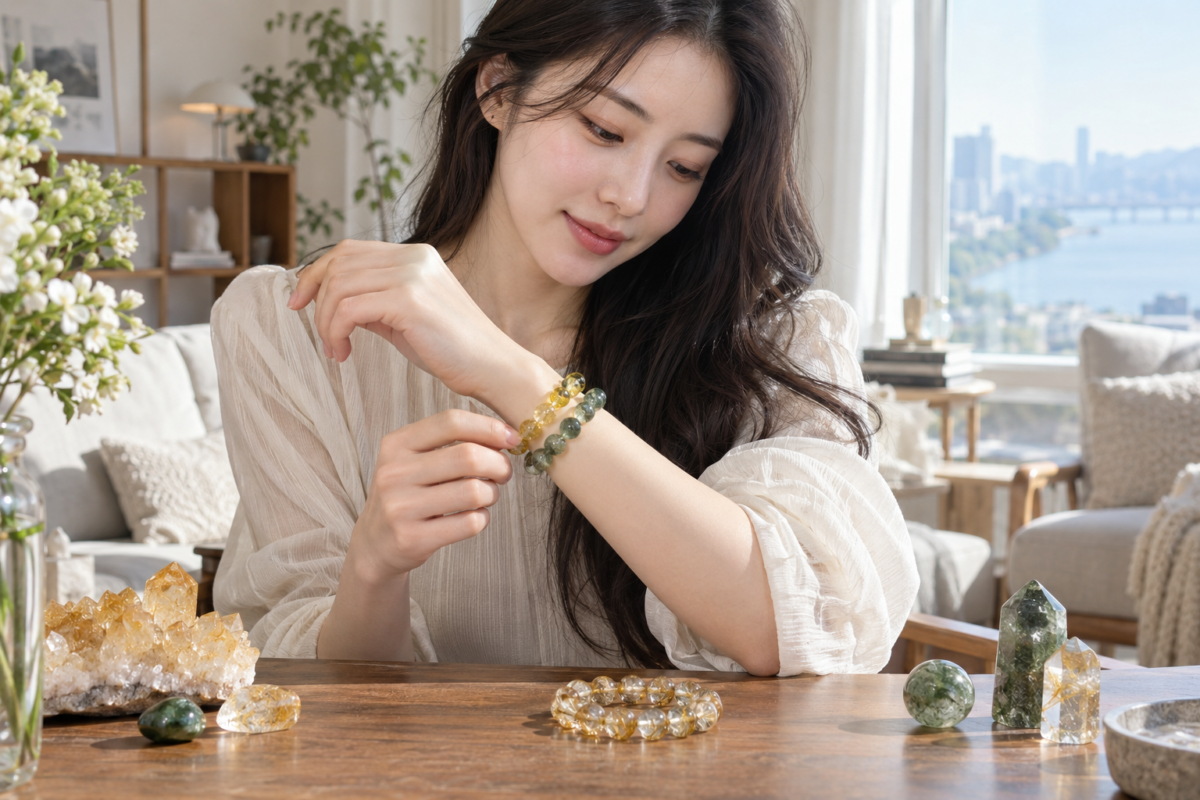 招財及防小人水晶可選金曜石,或以黃水晶、綠幽靈配搭黑曜石、黑碧璽作民間寓意參考。