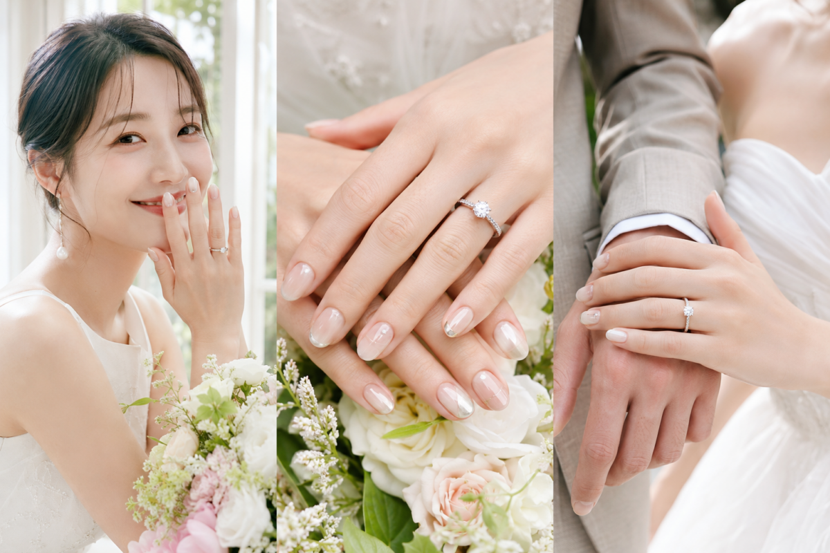 Pre-wedding美甲可選奶白、裸粉、奶茶或微法式等中性色，再配珍珠Chrome或細緻裝飾，方便襯婚戒及多套禮服。