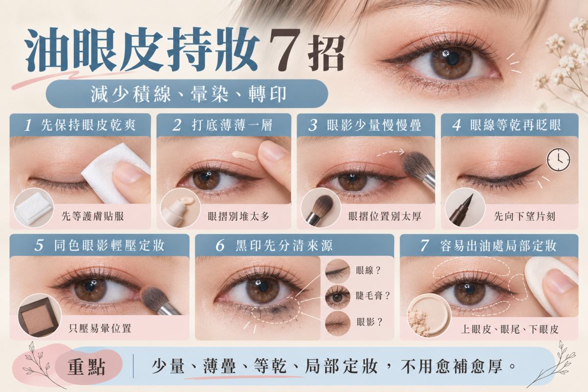 油眼皮眼妝持久抗暈染7招對照圖:妝前乾爽、薄塗打底、少量疊眼影、眼線定妝與局部定妝懶人包。