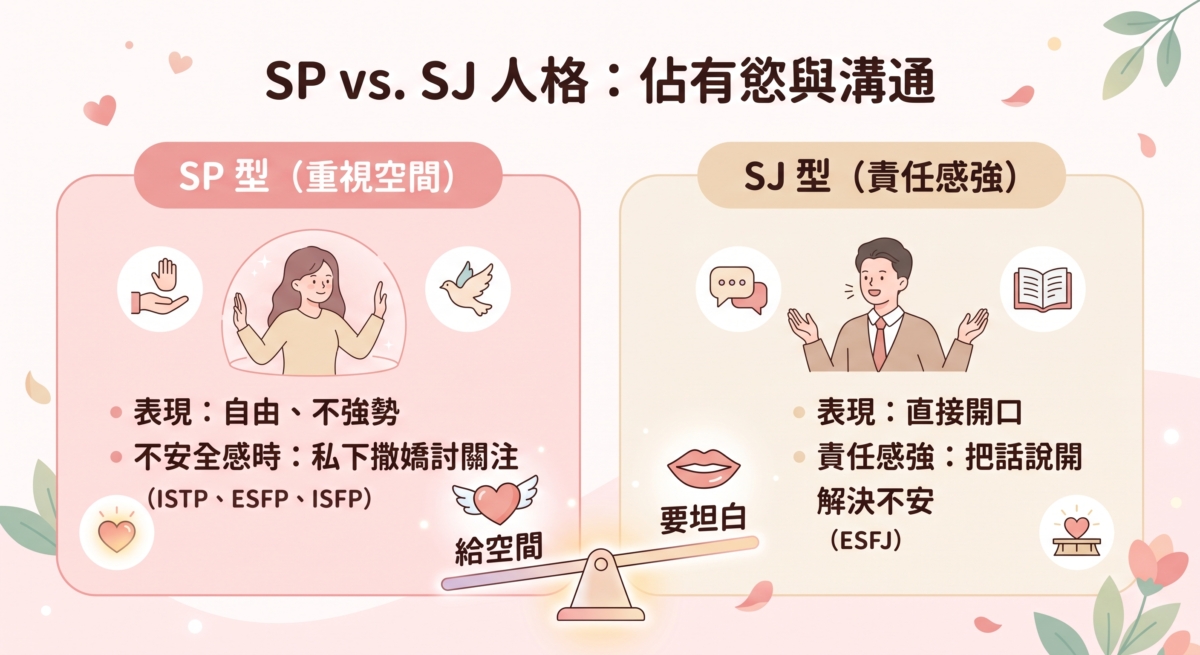 SP 型人格（如 ISTP、ESFP、ISFP）普遍重視個人空間，佔有慾表現得比較自由、不強勢，但這不代表他們不在意，只是希望被尊重、不被綁太緊。