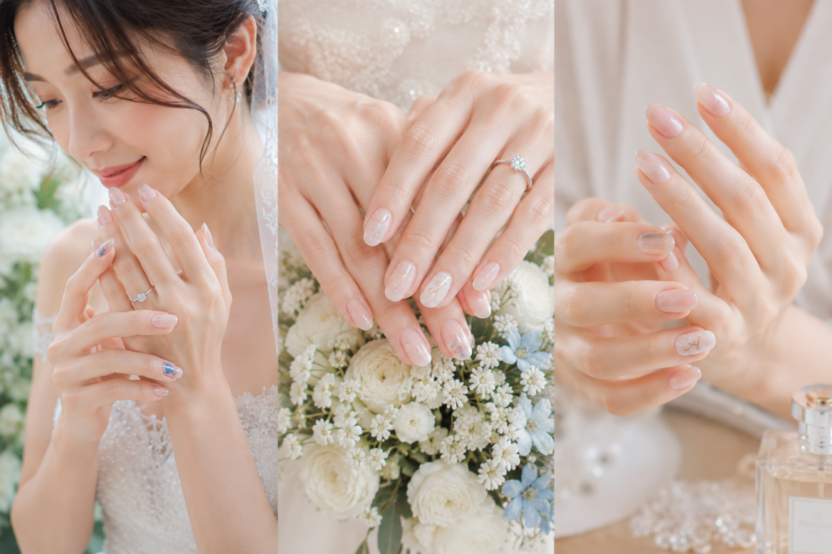 個人化婚禮美甲可加入小花、首字母、婚禮日期或藍色細節，增加紀念感和專屬感。