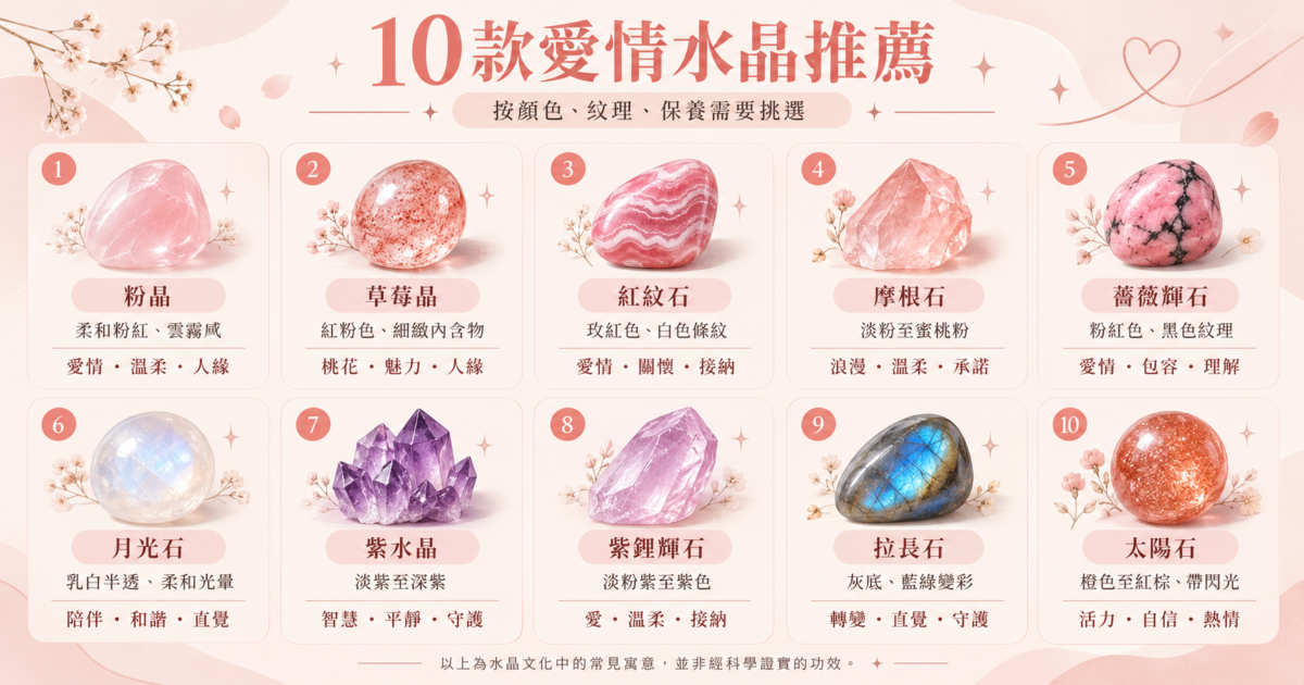 愛情水晶推薦資訊圖，整理粉晶、草莓晶、紅紋石、摩根石等10款水晶的外觀特色及傳統寓意。