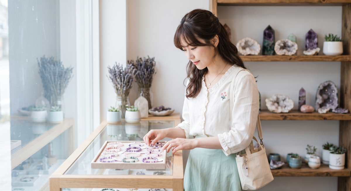 女子站在明亮的水晶店內，於展示檯前專注挑選托盤上的水晶手鍊。