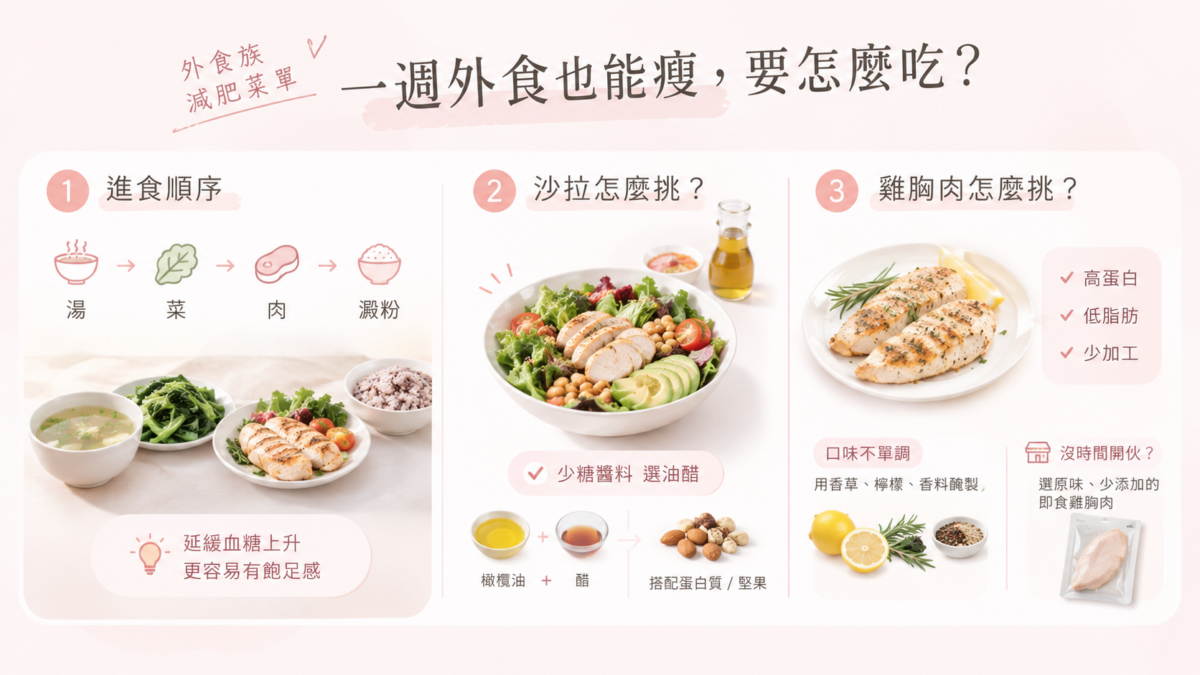 「外食族減肥菜單」圖解，說明三項飲食技巧：依照「湯、菜、肉、澱粉」順序進食以延緩血糖上升，沙拉優先選擇油醋醬與蛋白質，以及挑選高蛋白、低加工的雞胸肉。