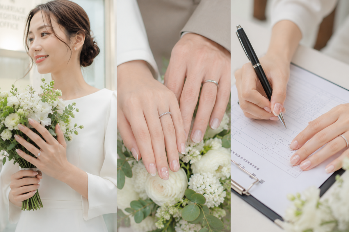 註冊結婚美甲可選奶白、裸粉、微法式或淡色貓眼，配少量珍珠或金屬細節，簡約又易襯日常造型。