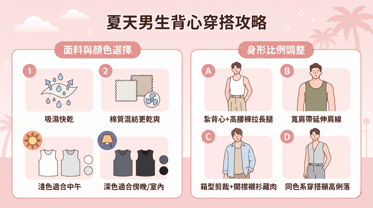 「夏天男生背心穿搭攻略」圖解，彙整吸濕快乾材質與色彩挑選重點，並提供紮背心、寬肩帶、外搭開襟襯衫與同色系穿搭等四種身形比例修飾技巧。