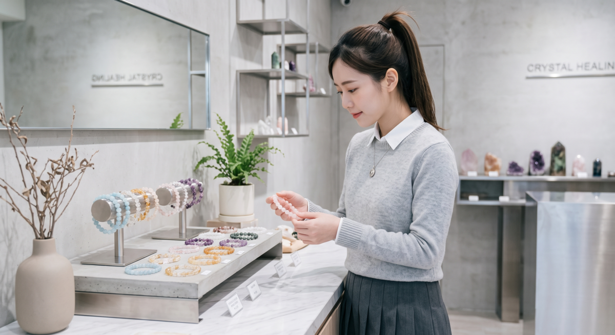 女子站在簡約質感的店面中，於展示櫃前專注端詳手中的粉水晶手鏈，並在思考這不同水晶的功效分別。
