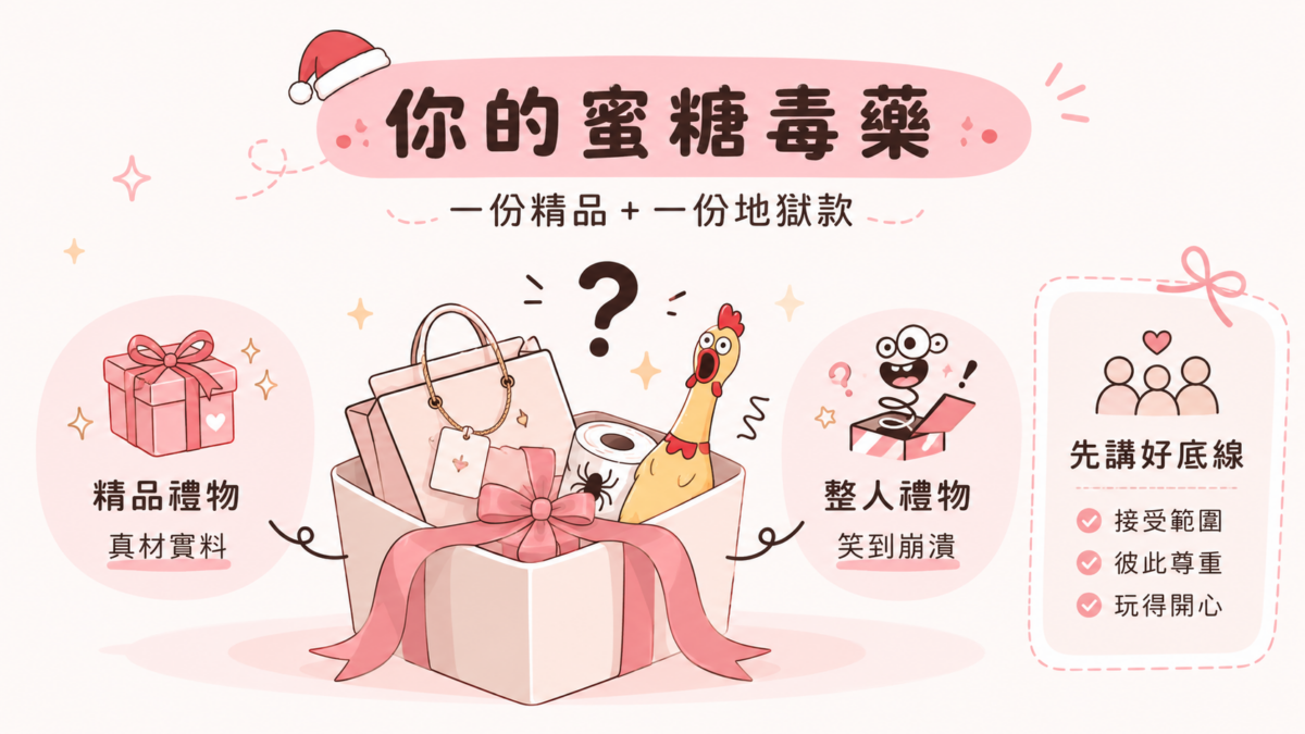每個人準備兩份禮物：一份是真材實料的精品，一份是能讓全場笑到崩潰的整人禮物。拆禮物的人事先不知道自己會拿到哪一種，這種兩極反差正是聖誕派對最刺激的部分。
