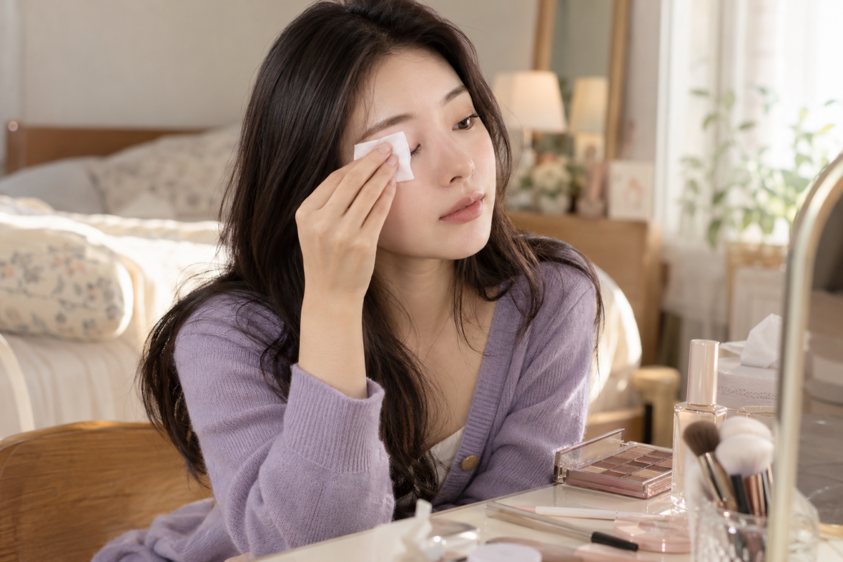 上眼妝前保持眼皮乾爽,避免厚疊油潤護膚或底妝,有助減少眼影積線及眼線暈開。