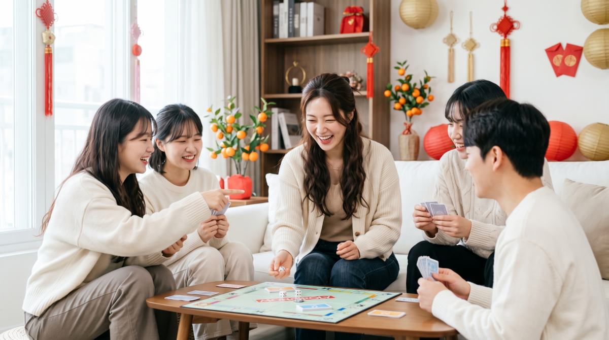 五位朋友圍坐在明亮的客廳茶幾旁，歡樂地玩著大富翁桌遊與牌卡遊戲。
