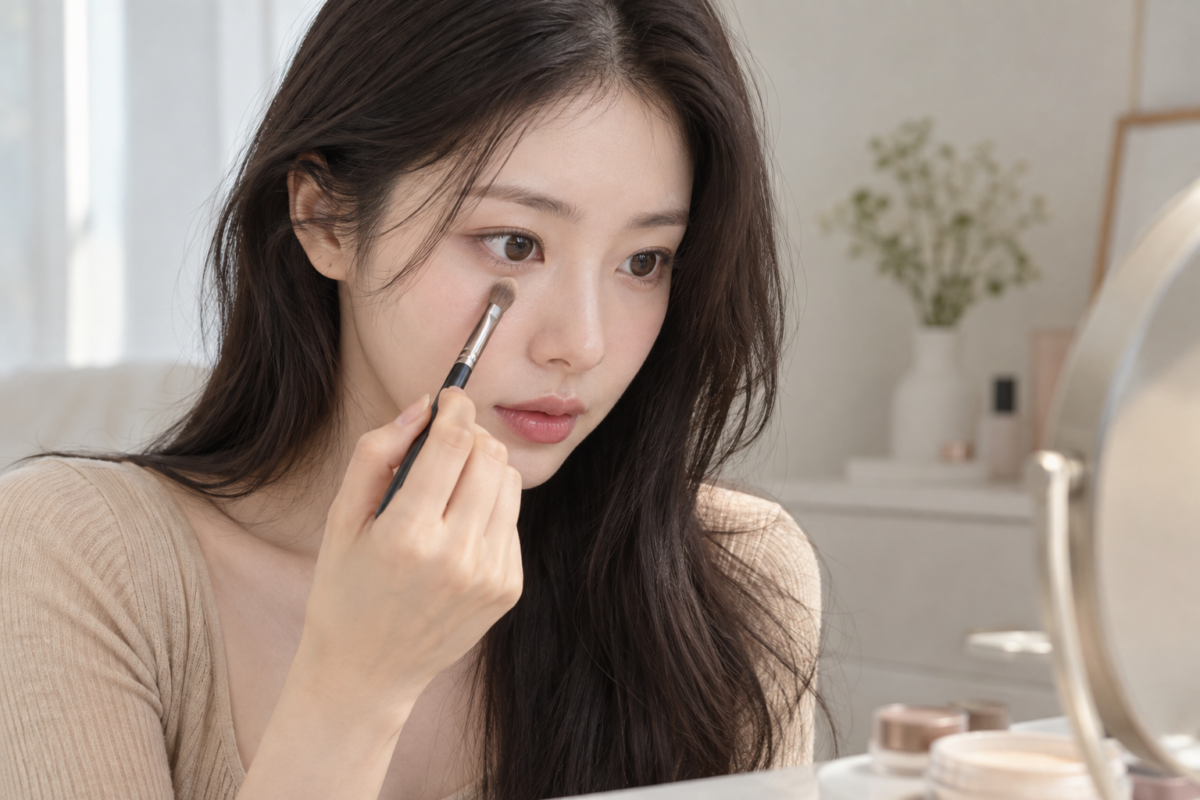 油眼皮可在眼摺、眼尾及下眼皮等易出油位置少量定妝,避免整個眼周掃粉過多而顯乾。