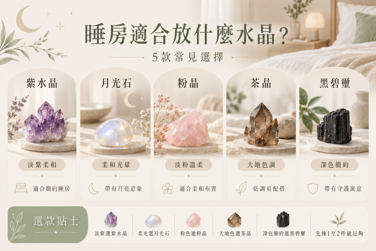 睡房水晶選擇整理圖，展示紫水晶、月光石、粉晶、茶晶及黑碧璽5款常見水晶的外觀特色與傳統寓意。