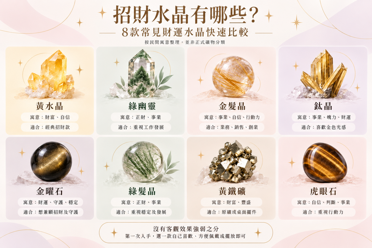 8款常見招財水晶比較對照圖:包含黃水晶、綠幽靈、金髮晶、鈦晶、金曜石、綠髮晶、黃鐵礦及虎眼石的寓意與適用對象速查指南。