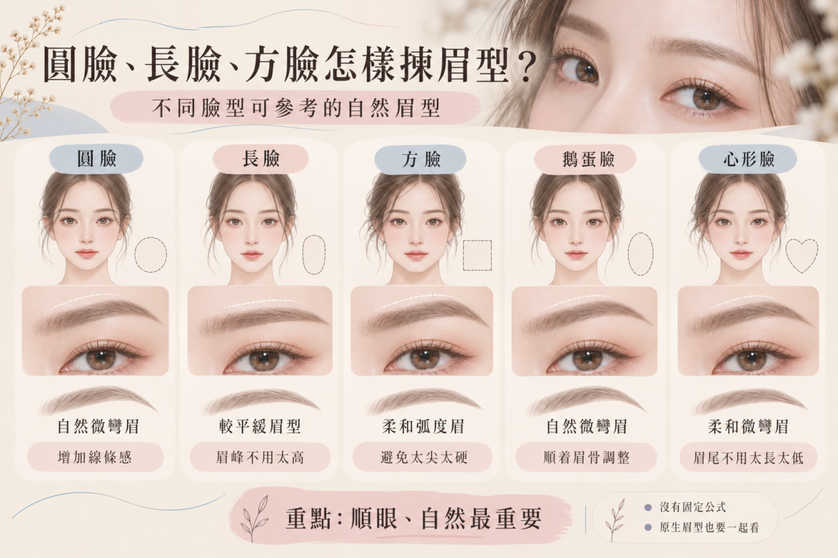 臉型與眉型挑選對照圖:圓臉、長臉、方臉、鵝蛋臉與心形臉的眉型建議與畫眉重點。
