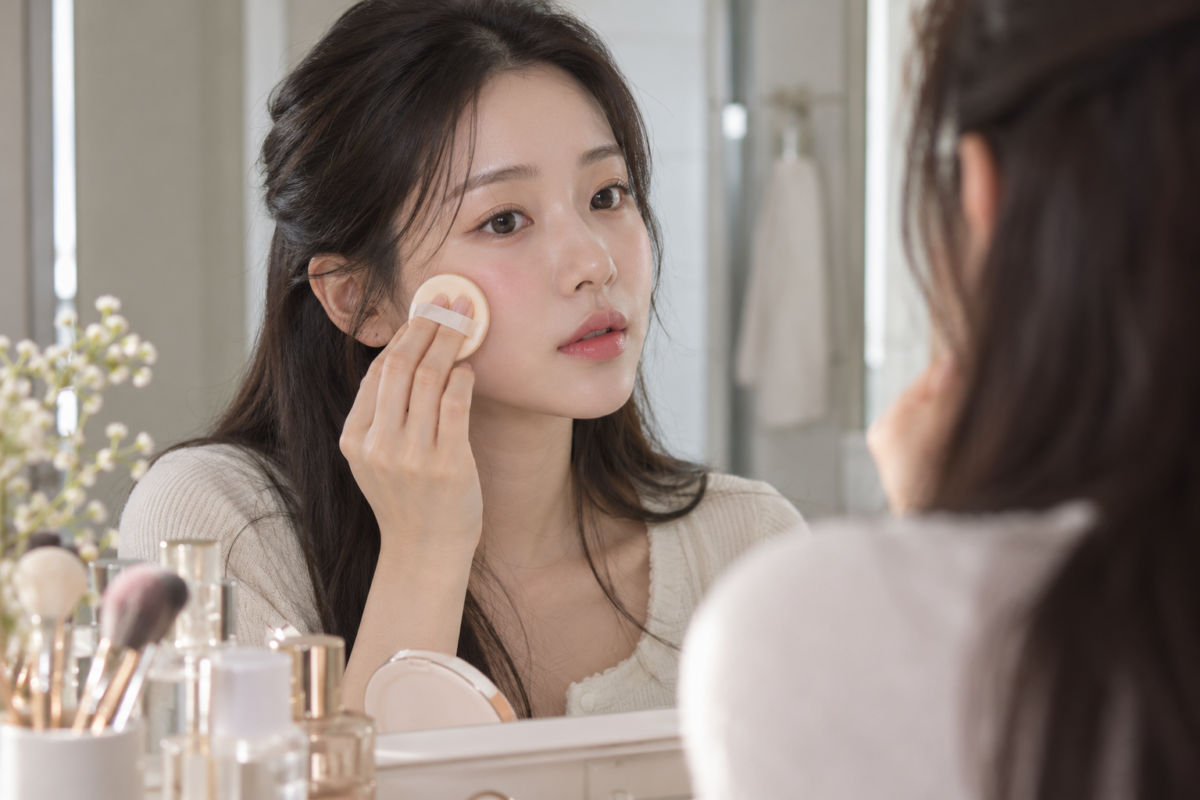 胭脂液上妝後可按膚質及持妝需要薄上碎粉,容易出油的位置局部定妝,保留雙頰自然紅潤的水潤光澤。