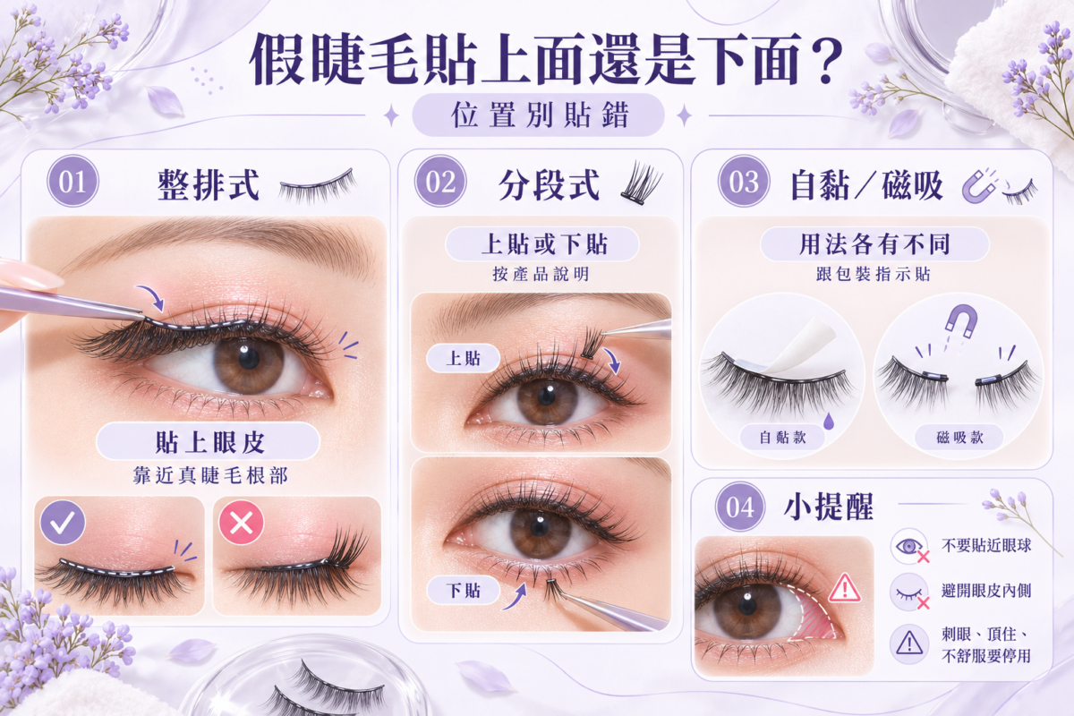 假睫毛貼法位置圖解，展示整排式、分段式及自黏磁吸款假睫毛的貼法與眼部注意事項。