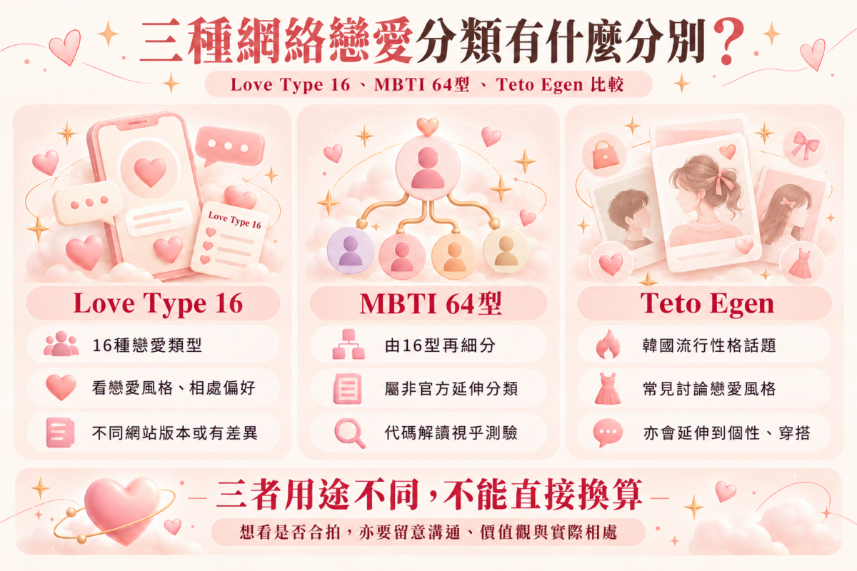 三種網絡戀愛人格測驗比較圖說明Love Type 16、MBTI 64型與Teto Egen的分類特色及用途差異。