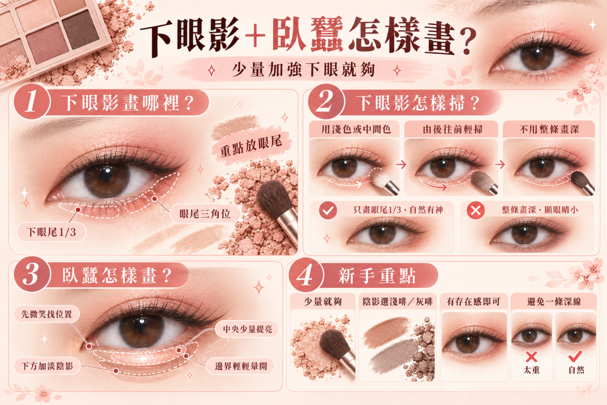 單眼皮下眼影與臥蠶畫法圖解:標示下眼尾 1/3 與三角位範圍,以及微笑找臥蠶位置、淺啡色陰影線與中央打亮示範。