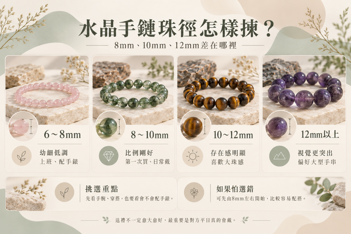 水晶手鏈珠徑選購指南圖解:對比 6-8mm、8-10mm、10-12mm 與 12mm 以上佩戴感覺、上手比例與適合對象。