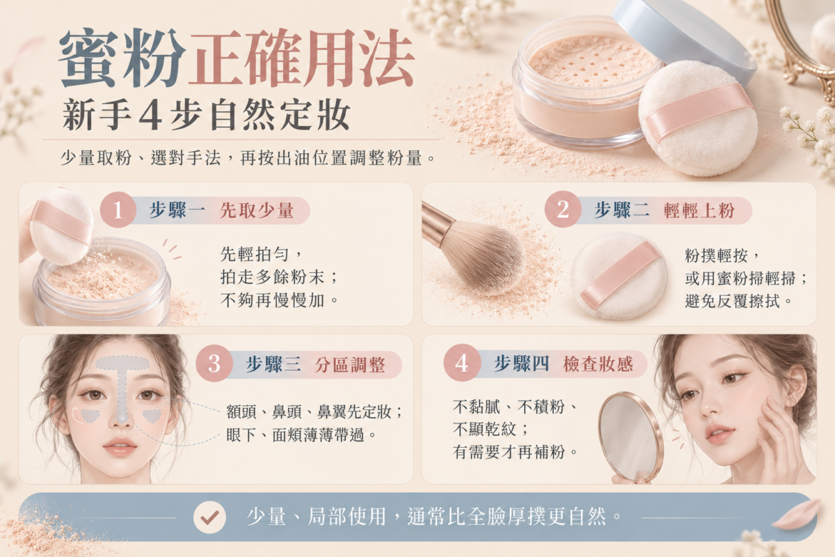 蜜粉正確用法4步教學資訊圖,展示少量取粉、輕按或輕掃、分區定妝及檢查妝感的步驟。