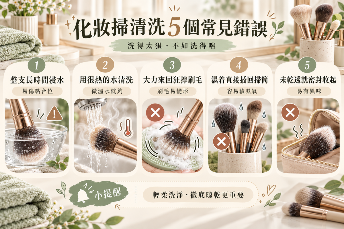 化妝掃清洗5大NG避坑指南資訊圖：列出整支浸水、熱水清洗、大力狂捽、濕直接插筒與未乾密封收起等5個錯誤洗掃方式，並圖解對應的正確清洗與晾乾保養方法。