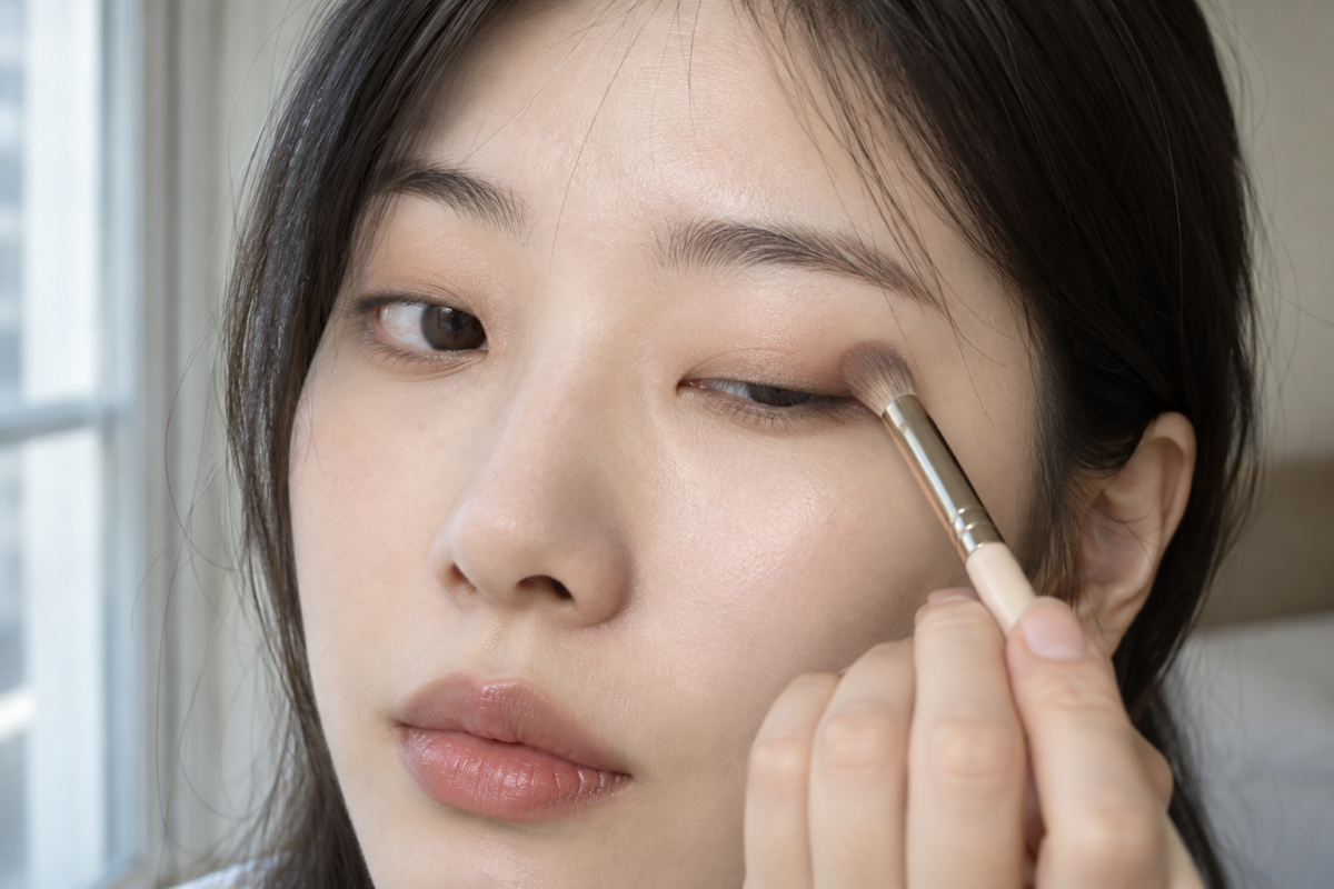 單眼皮眼妝可以用4步完成,重點是眼影張眼仍看得到、深色集中眼尾、眼線貼近睫毛根部,再配合自然捲翹睫毛。