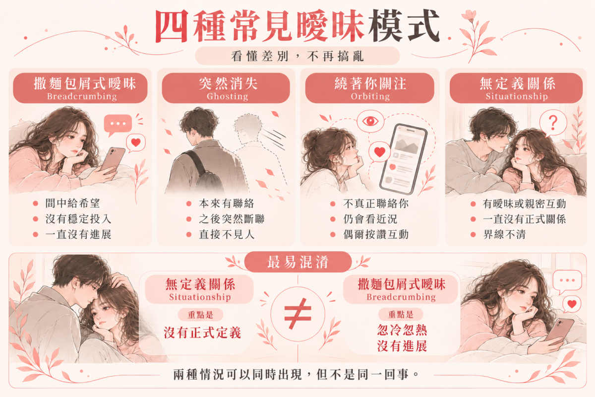 4 大現代 Dating 行為差異對比圖：解析 Breadcrumbing、Ghosting、Orbiting 與 Situationship 的核心特徵與關係定義區別。