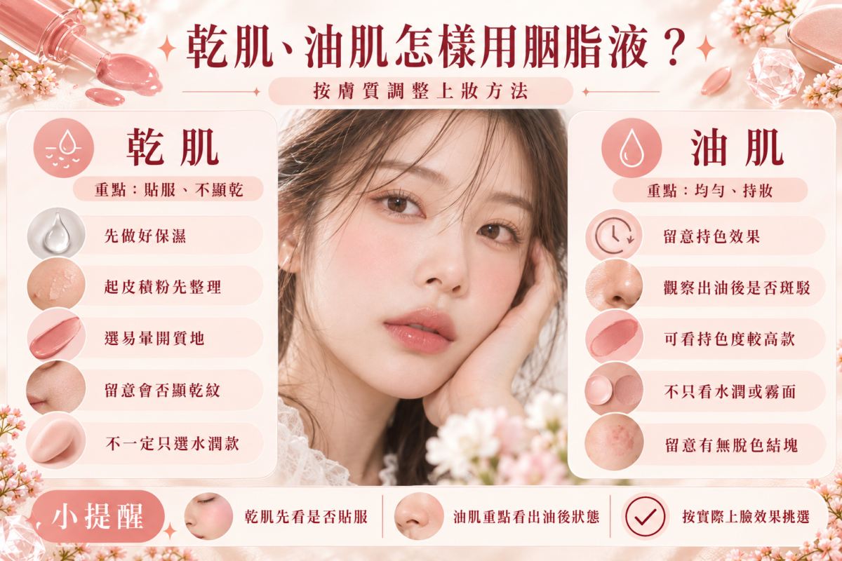 乾肌與油肌使用胭脂液的比較圖解,整理保濕、質地選擇及持妝效果等上妝重點。
