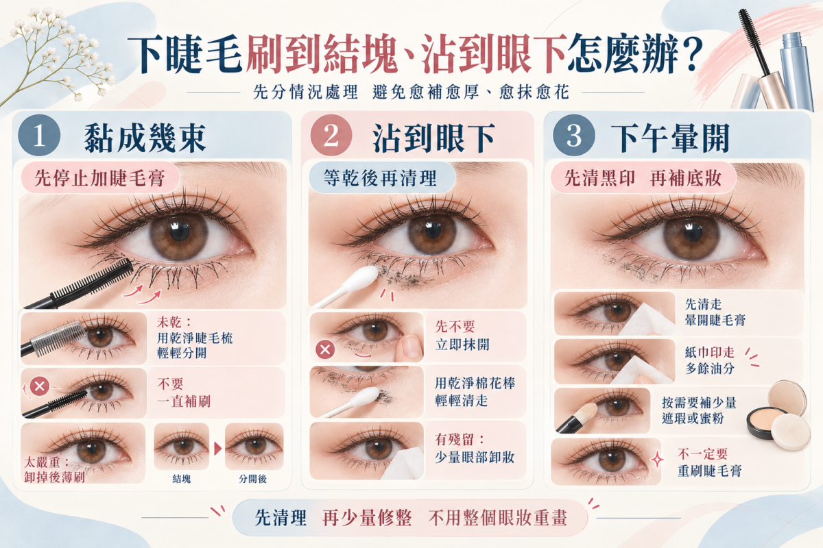 下睫毛結塊、沾到眼下補救整理圖： 示範睫毛黏成幾束、睫毛膏沾到眼下及下午暈妝時的局部清理與補妝方法。