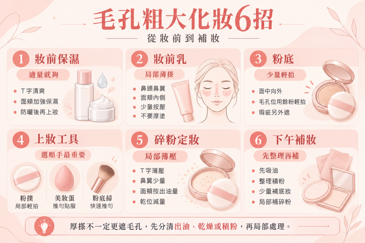 毛孔粗大化妝6招資訊圖，整理妝前保濕、局部使用妝前乳、薄塗粉底、上妝工具、碎粉定妝及補妝技巧。