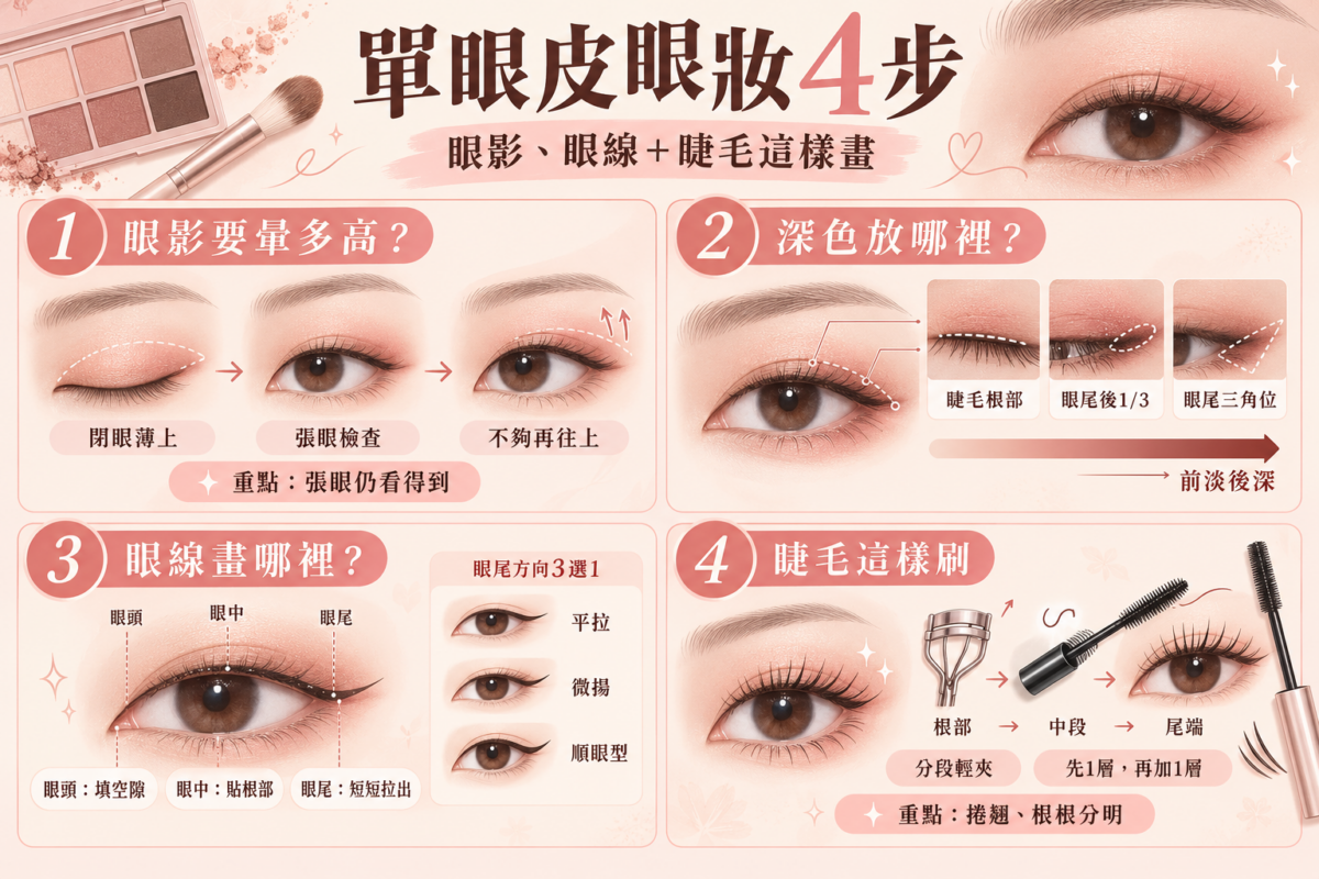 單眼皮眼妝 4 步教學圖解:包含眼影暈染高度確定、深色眼影眼尾加深、分段式眼線畫法與三段式夾睫毛技巧。